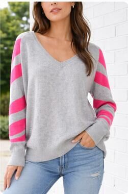 Brodie Cashmere Medium Gray V-Neck Sweater Hot Pink Zebra Stripe Sleeves